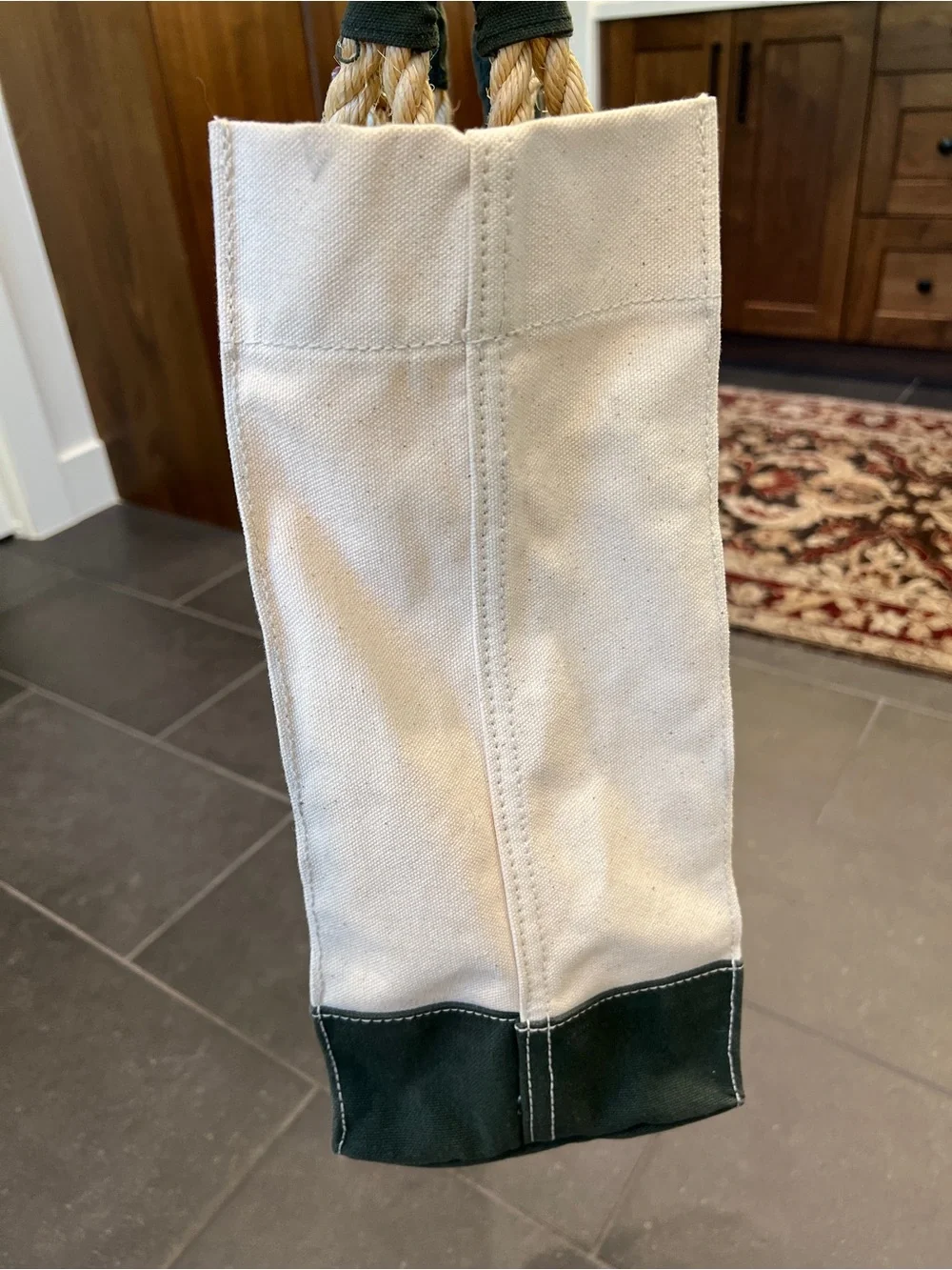 Wathne Cream and Dark Green Canvas Tote with Rope Handles
